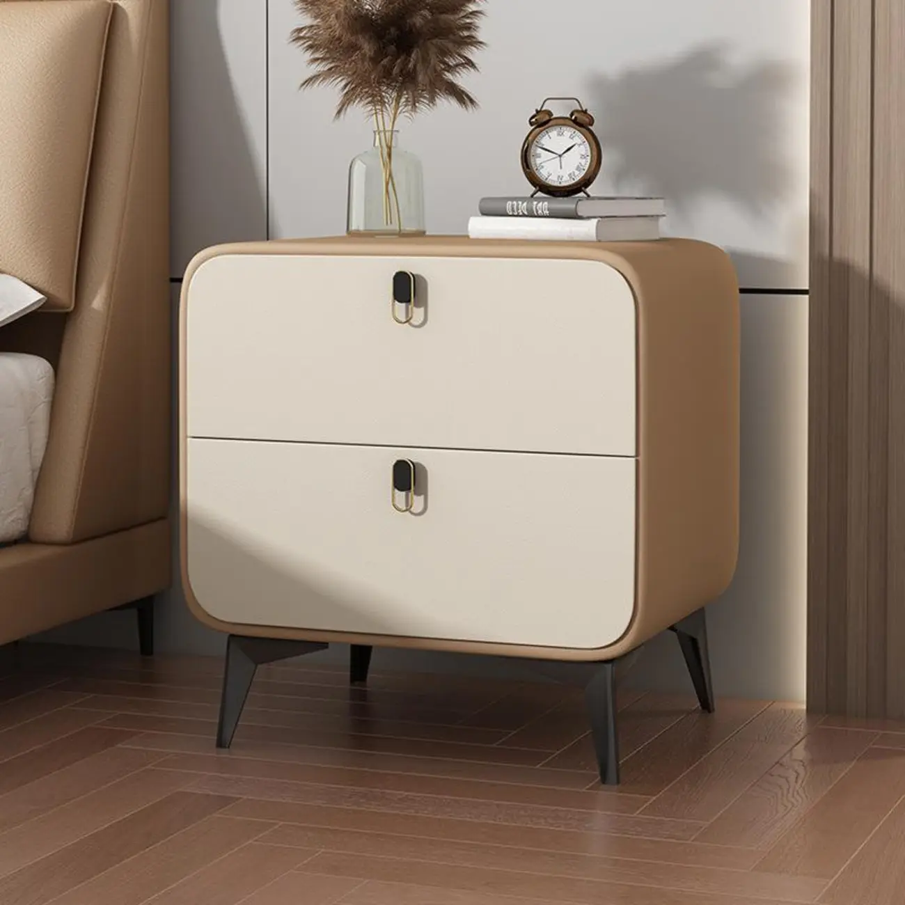 Scandinavian Leather 2 Drawers Wood Nightstand