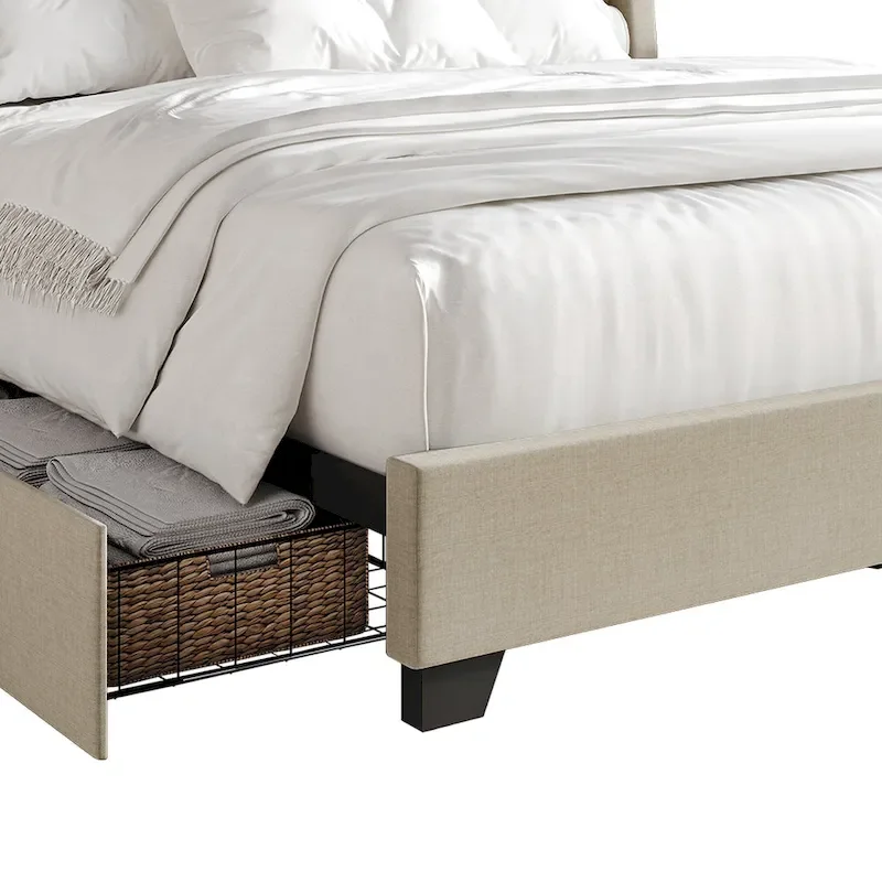 Elegant Chrome Nailhead Wingback Upholstered Bed with Drawers
