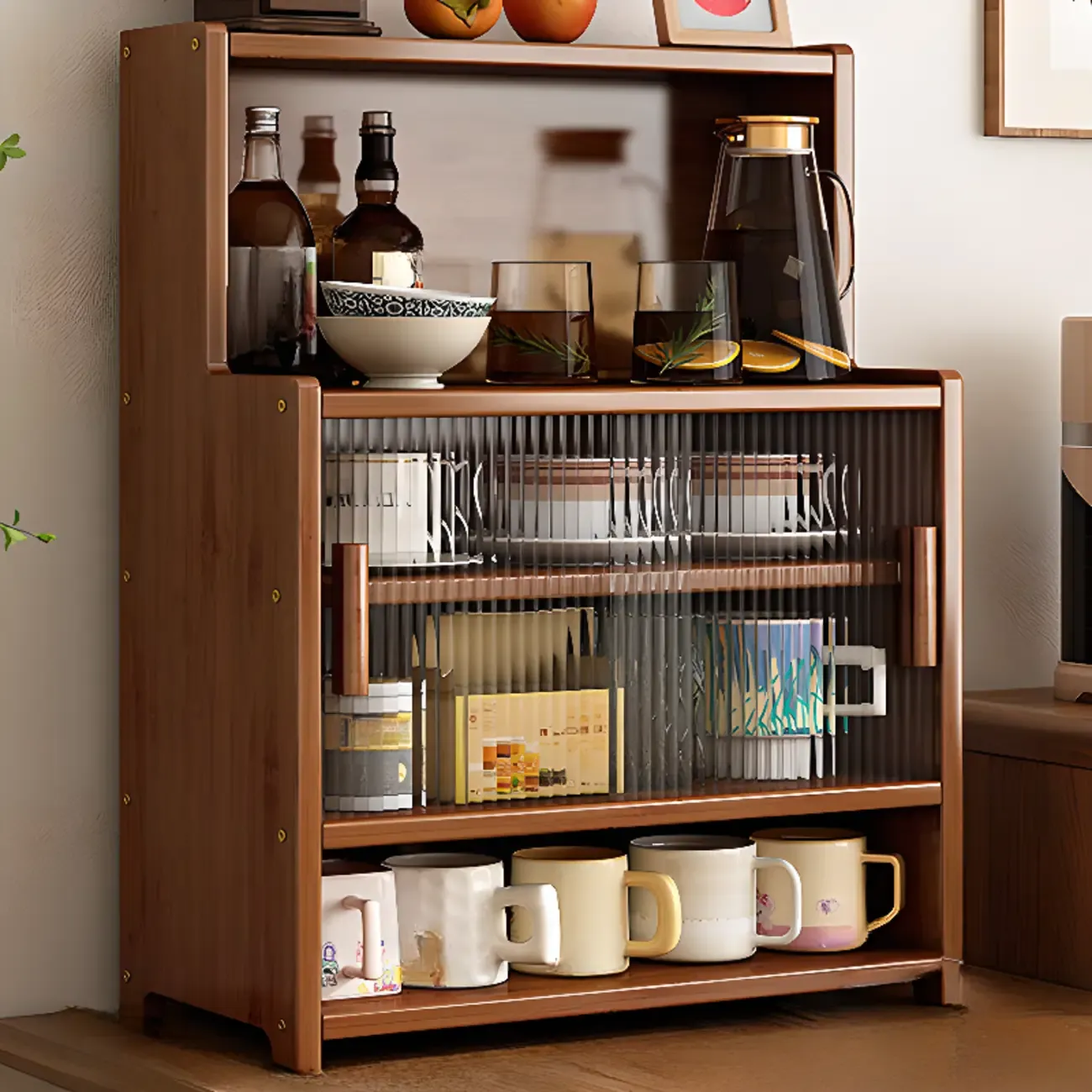 Modern Bamboo Narrow Buffet with Wood Countertop