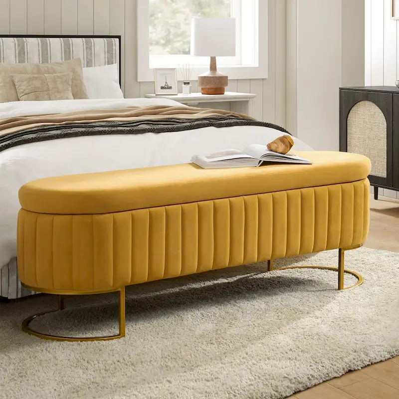 Sara Mid-Century Modern Upholstered Storage Bench Internal Grid With Metal Legs by HULALA HOME