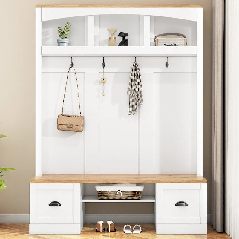 Farmhouse Hall Tree with Wood Grain Bench, Hooks and Bottom Cabinets