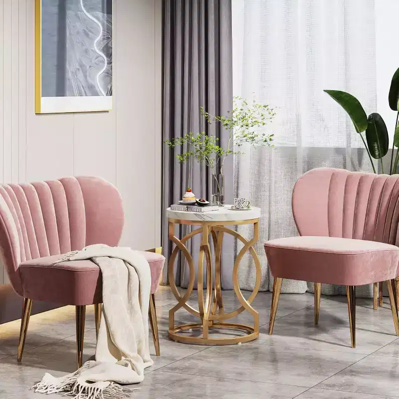 Round End Table – Faux Marble Top, O-Shaped Metal Base, White, 19.7x25.6 in