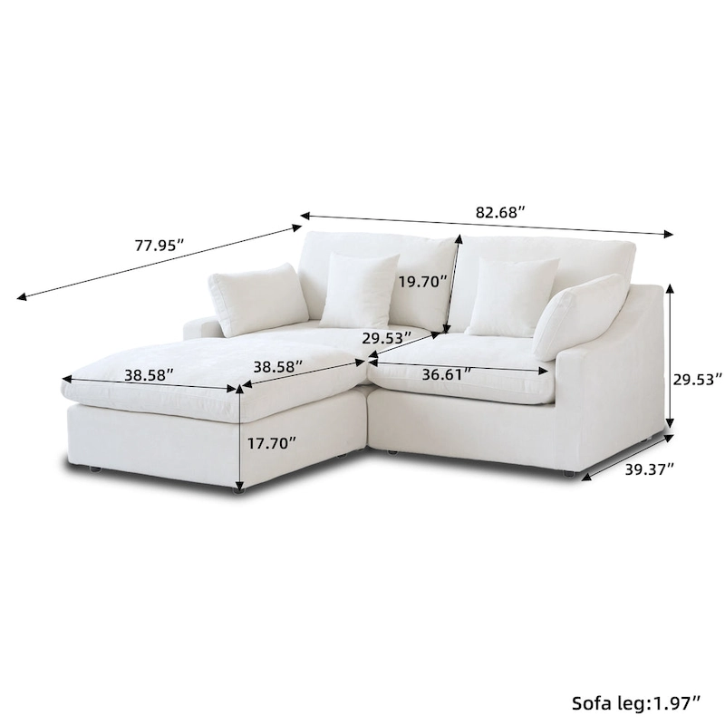 82.68 Down Filled Sectional Couch L-shape Linen Upholstered Loveseat with Ottoman