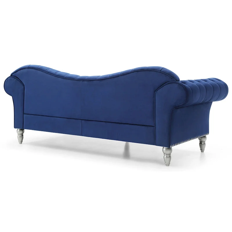 Velvet Tufted Sofa with Sweetheart Back & Chrome Nailheads – Blue / Dark Grey / Pink / Black, Seats 3