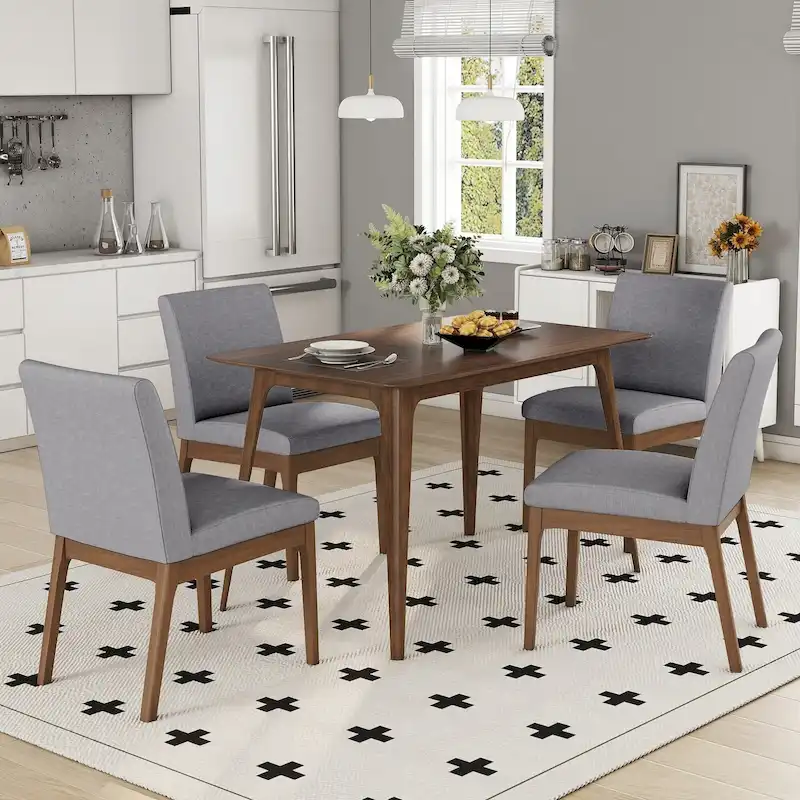 5 Piece Dining Table and Chair Set, Wooden Kitchen Furniture Set with Rectangular Table and 4 Upholstered Chairs