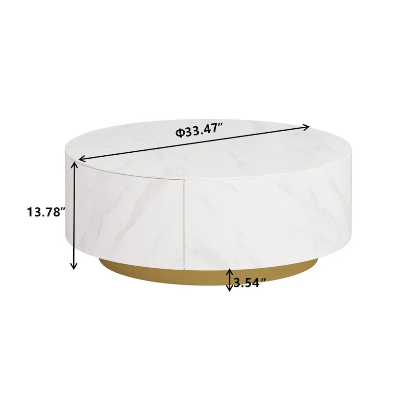 Modern Drum Coffee Table with Oak Veneer, Sintered Stone Coffee Table with 2 Solid Wood Drawers