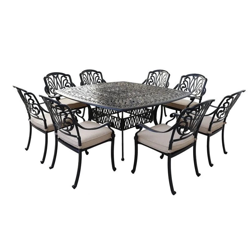 Saratoga 9-piece Gun Metal Aluminum Square Dining Set with 8 Cushioned Arm Dining Chairs
