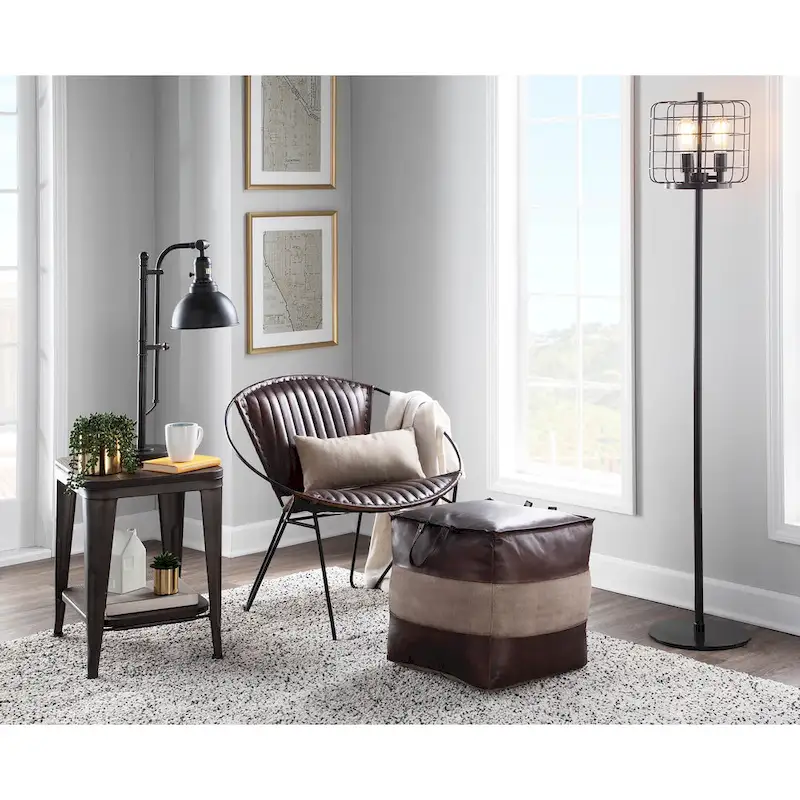 Carbon Loft Najah Industrial Pouf Ottoman in Leather and Canvas