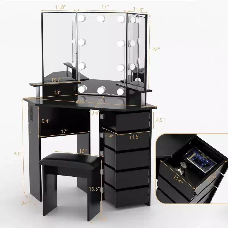Corner Makeup Vanity Desk with LED Lights and Rotating Drawers, Single Person