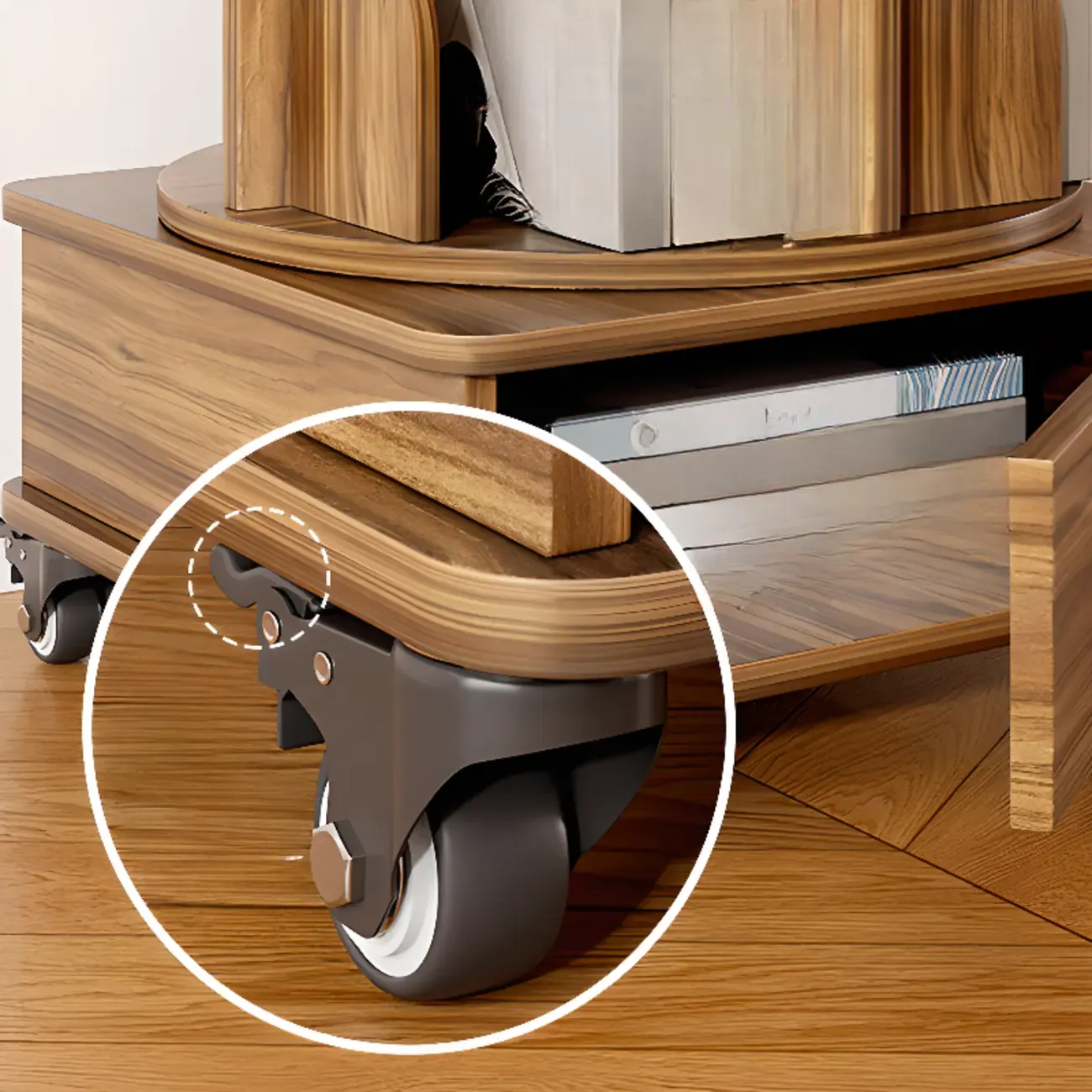 Narrow Wood 5-Tier Revolver Sliding Bookcase with Drawer