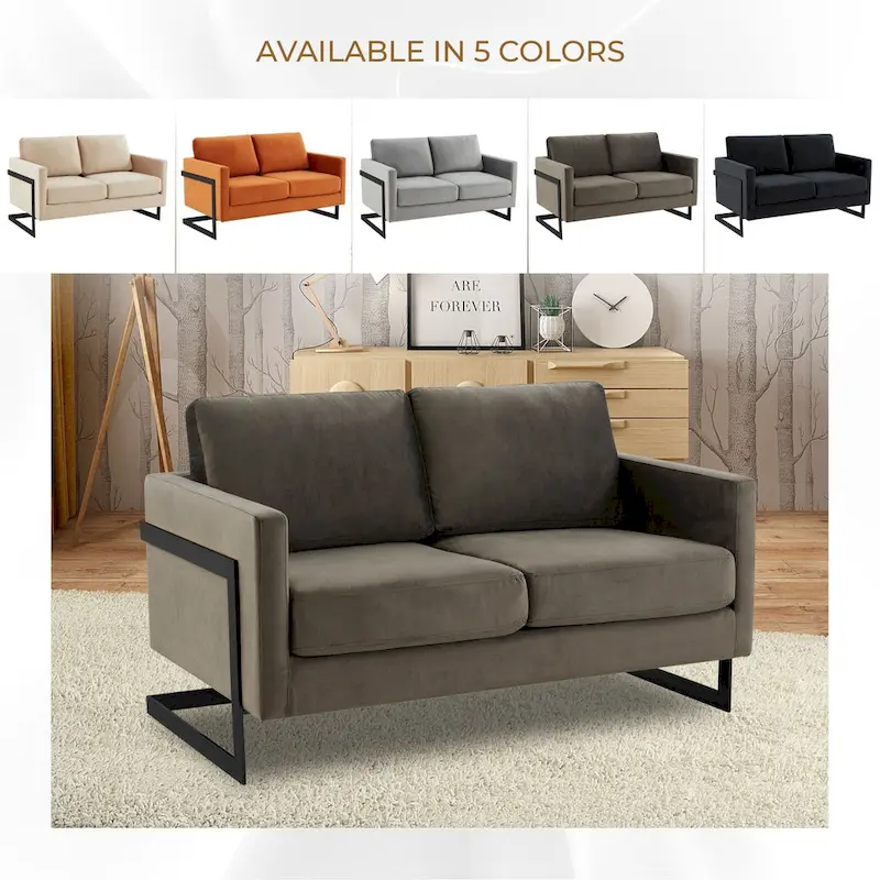 Upholstered Loveseat Sofa in Velvet Fabric with Removable Cushions and Stainless Steel Frame