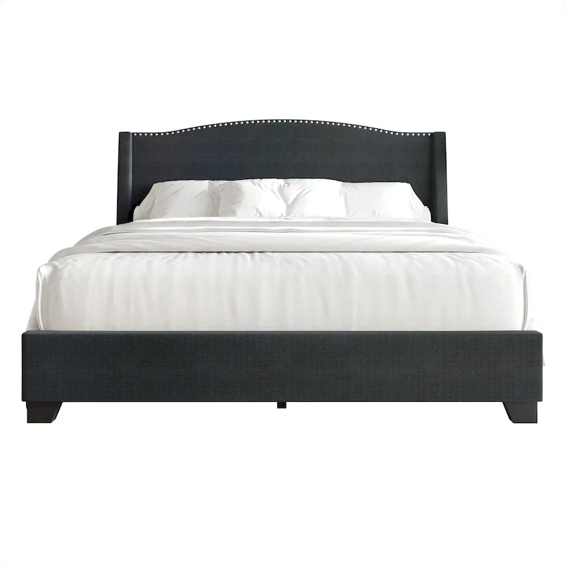 Elegant Chrome Nailhead Wingback Upholstered Bed with Drawers