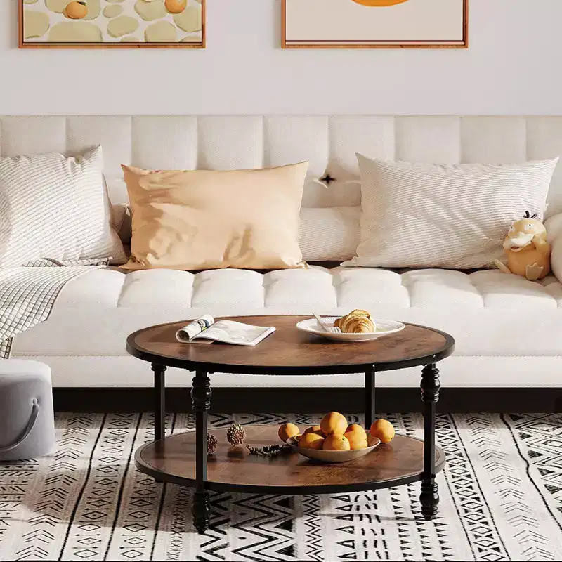 COZONY Round 2-Tier Rustic Coffee Table with Wood Top & Sturdy Roman Column Metal Legs, Easy Assembly Living Room Center Table