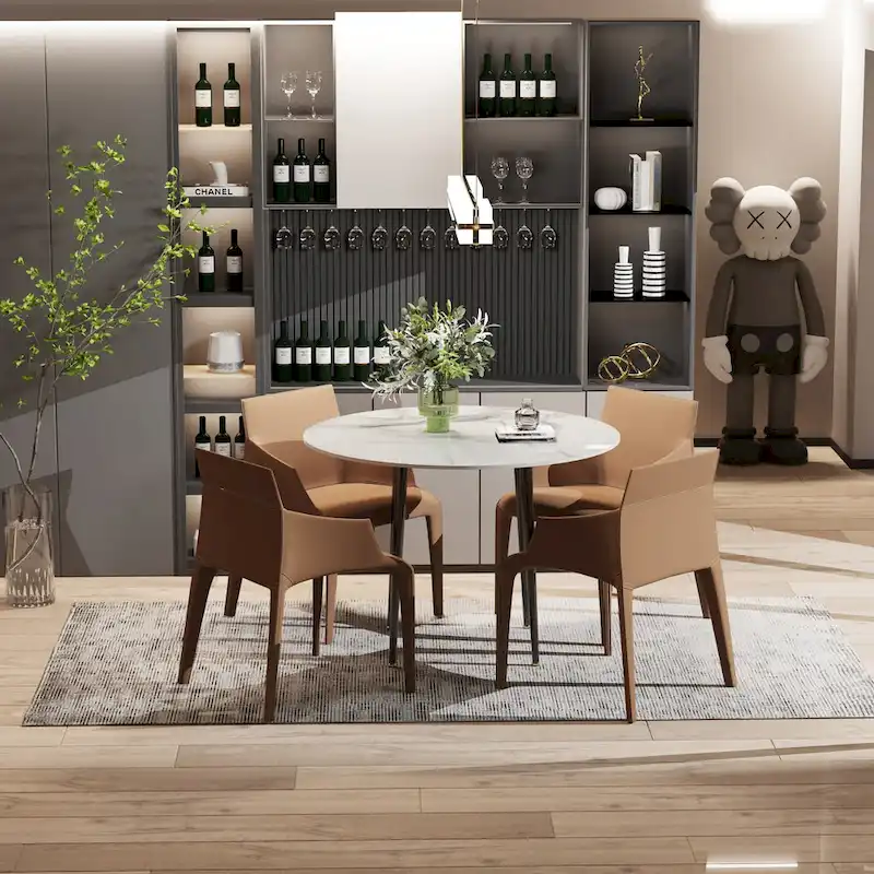 Round Kitchen Dining Table Marble Tabletop with Tapered Metal Legs - 31.5 W x 30 H