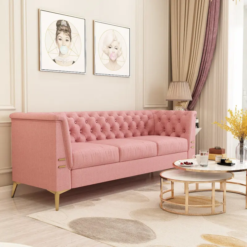 82.7  Velvet 3-Seater Sofa with Gold Metal Legs