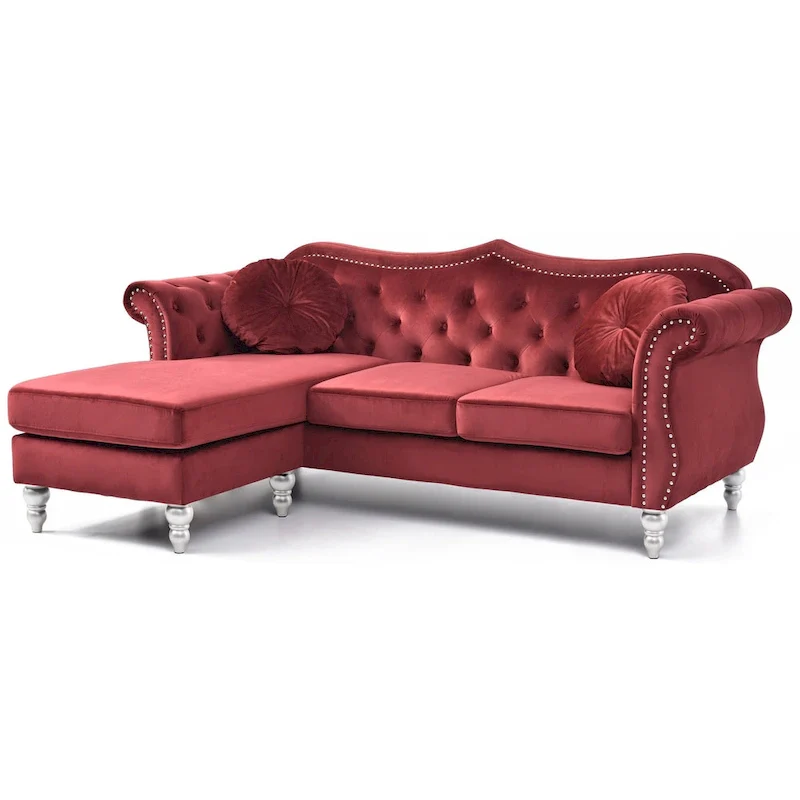 81 in. Velvet Chesterfield Sectional Sofa with 2-Throw Pillow - 81L x 35W x 34H