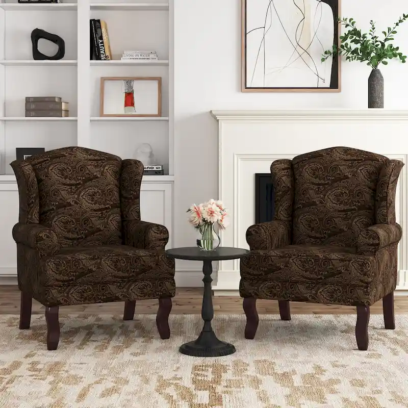 Set of 2 Elegant Living Room Wing Back Arm Chair Upholstered Accent Chair