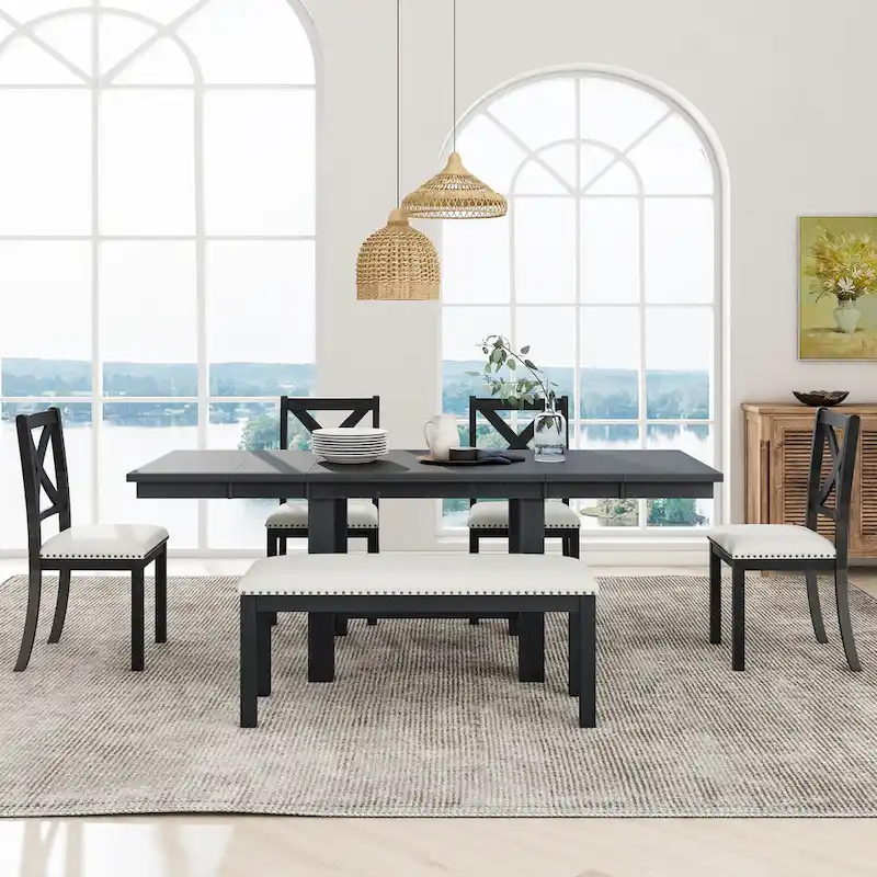 6-Piece Wooden Dining Table Set with Extendable Table & 4 Chairs & Bench