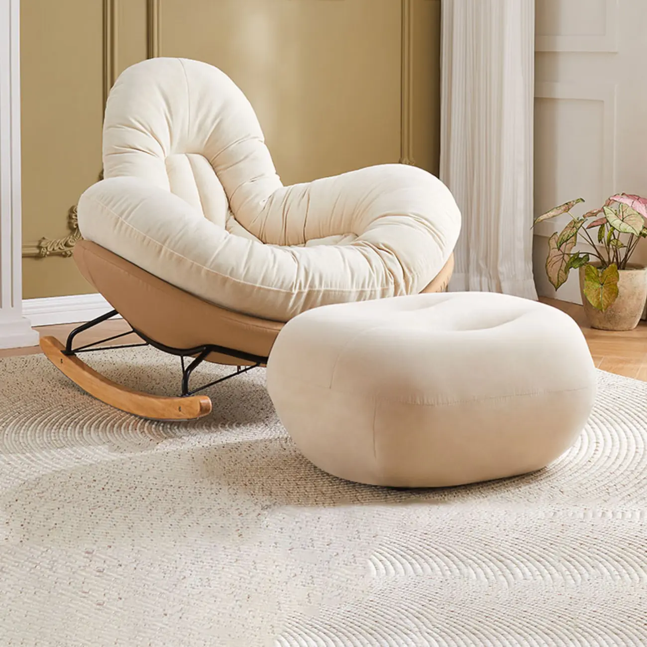 Wide Seat Upholstered Rocking Chair in Beige with Ottoman