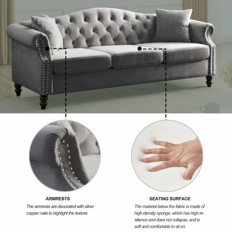 79 Chesterfield Sofa Grey Velvet for Living Room, 3 Seater Sofa Tufted Couch with Rolled Arms and Nailhead