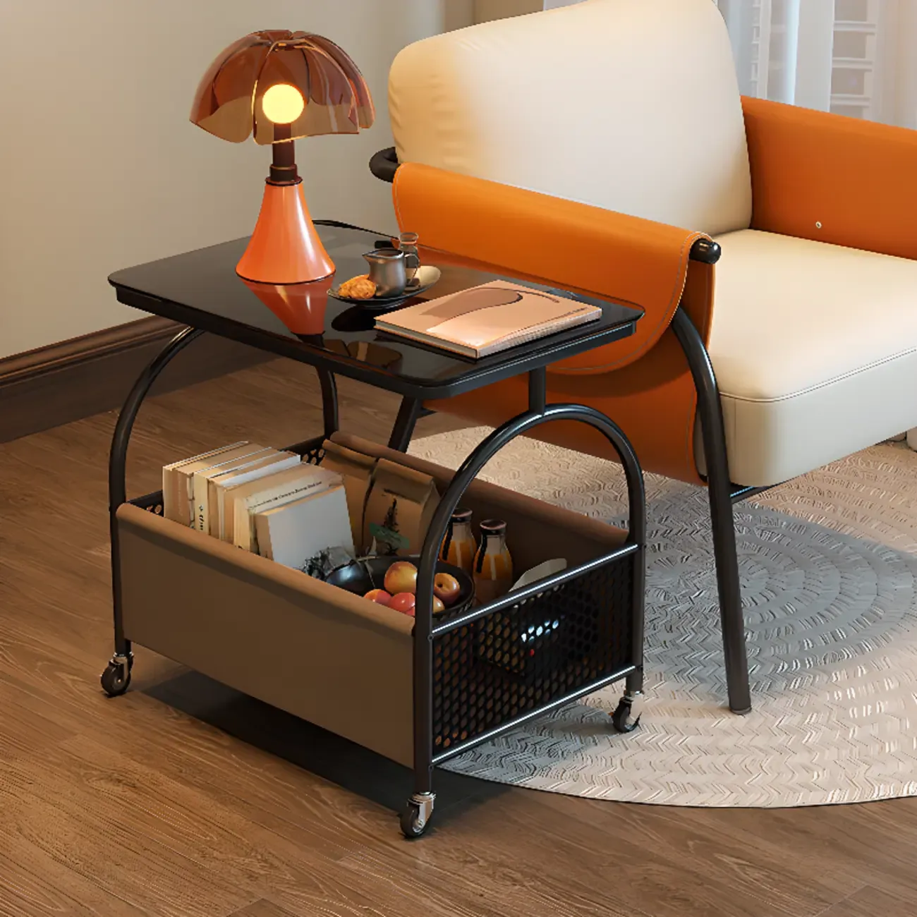 Versatile Glass-Top Metal 360° Rolling Side Table with Storage