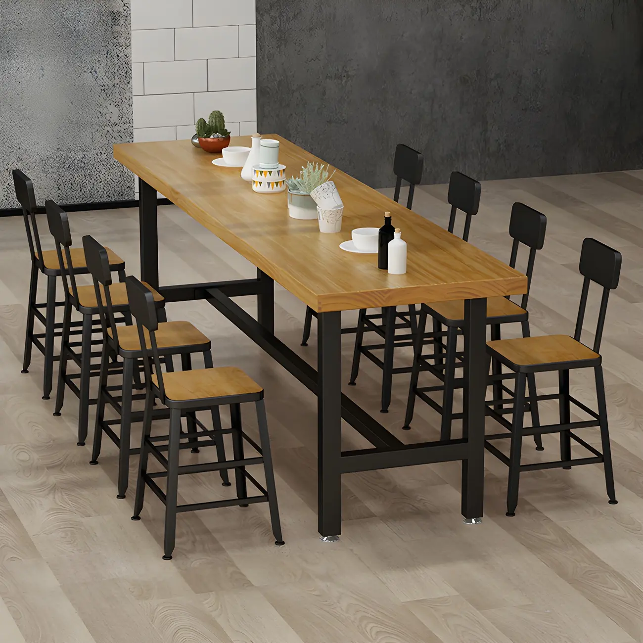 Rectangular Iron Frame Trestle Wood Bar Table with Footrest