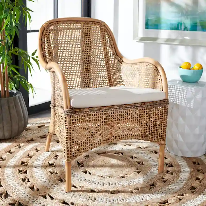 SAFAVIEH Rosalia Coastal Rattan Accent Chair with Cushion - 23.4 W x 24.8 L x 32.7 H - 23Wx25Dx33H