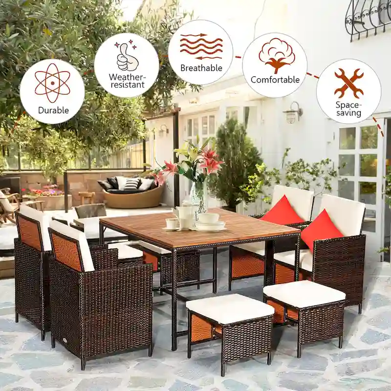 Costway 9PCS Patio Rattan Dining Set Cushioned Chairs Ottoman Wood - See Details