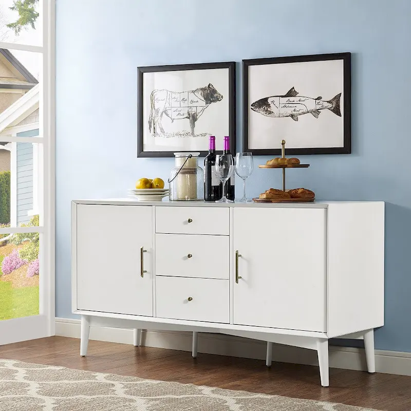 White Mid-Century Modern Sideboard with 2 Cabinets, 3 Drawers & Tapered Legs
