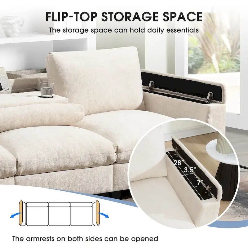 96 Chenille Smart Sectional Sofa with Bluetooth Speaker, Drop-Down Table & USB Charger and 3-Seater Cloud Couch