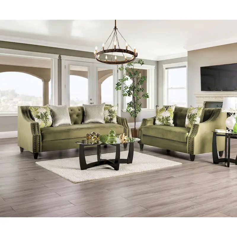 Transitional Green Microfiber Sloped Arms 2-Piece Living Room Set