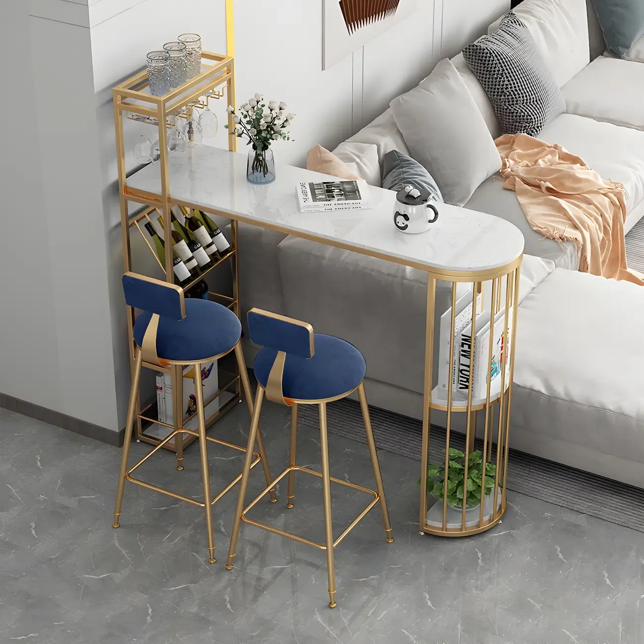 Glam Gold Faux Marble Iron Wine Holder Bar Tables