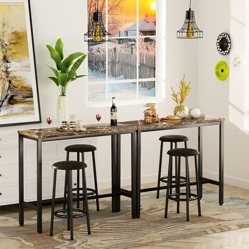 3 Piece Kitchen Pub Dining Set, Modern Faux Marble Counter Height Bistro Bar Table Set with 2 PU Leather Bar Stools