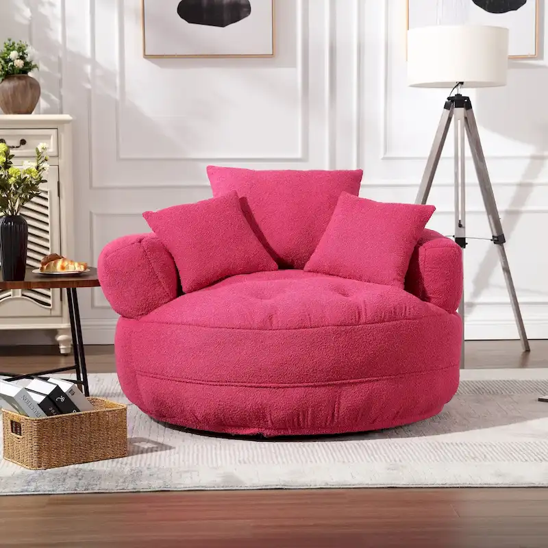 Boucle Upholstered Tufted Barrel Accent Living Room Chair With Toss Pillows