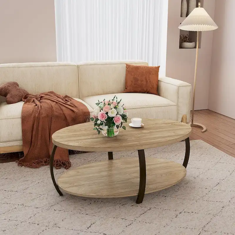 2-Tier Oval Table – Wood Grain / Black Metal, Industrial Style, Single