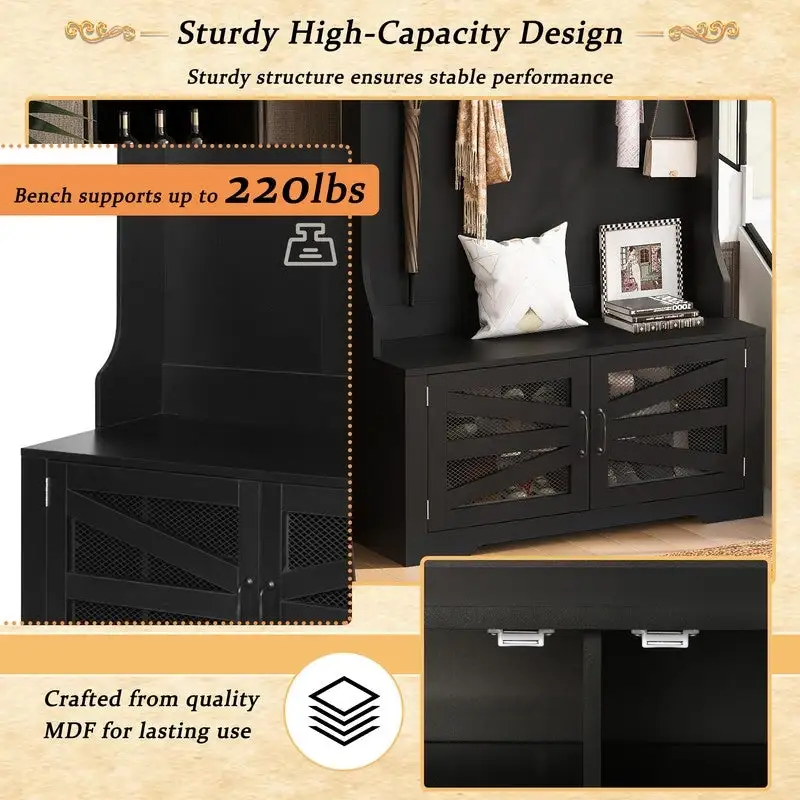 Wide Hall Tree with 10 Shoe Cubbies & 7 Coat Hooks, 43 W Coat Rack with Entryway Bench, 3-in-1 Design and Adjustable Shelves