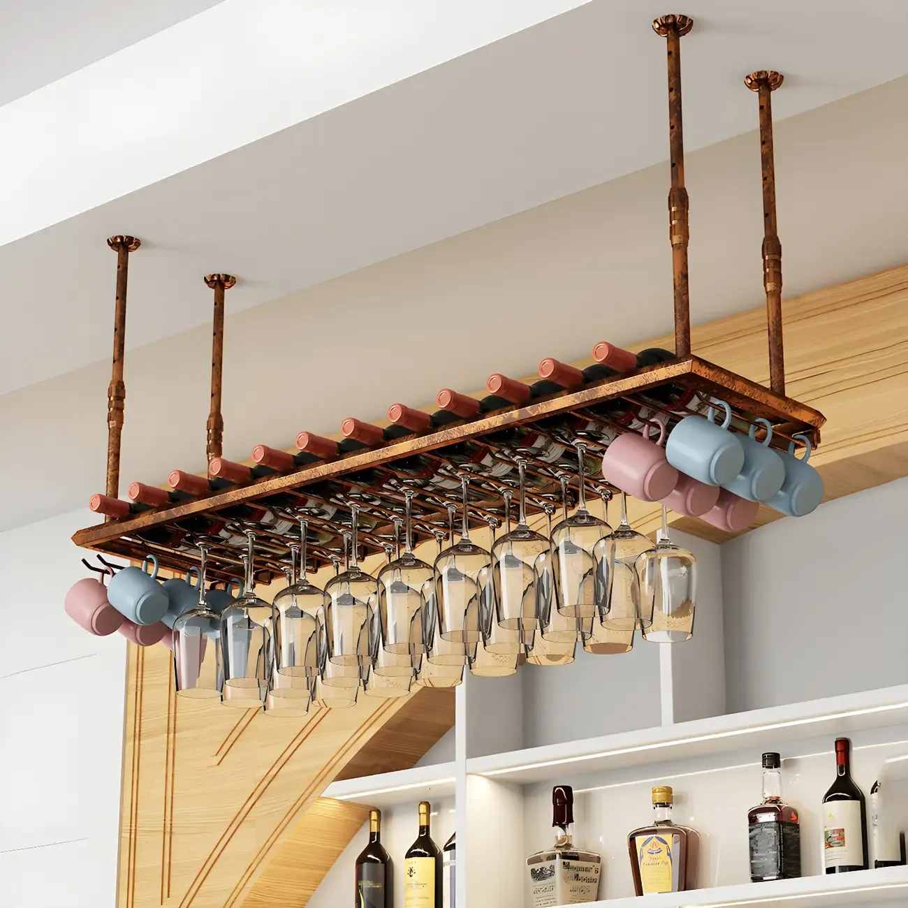 Industrial Metal Hanging Wine Rack with Glass Holder