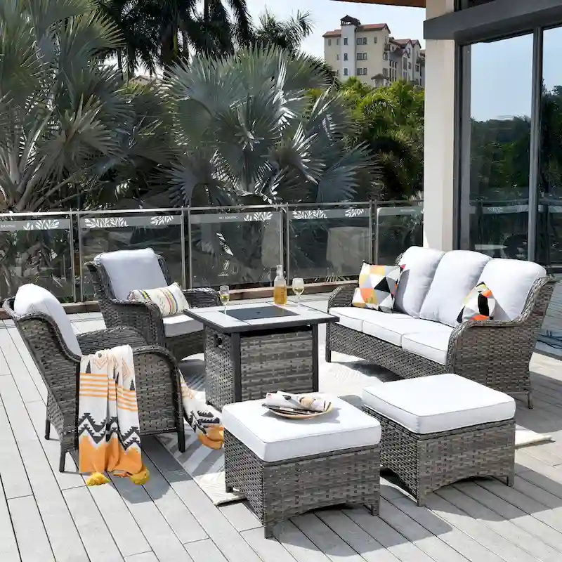 OVIOS Grey Wicker 6-piece Patio Furniture Set With 30  Fire Pit