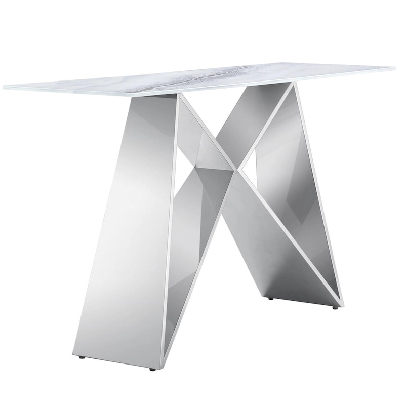 White Tempered Glass Sofa Console Table with Mirrored M Shape Base