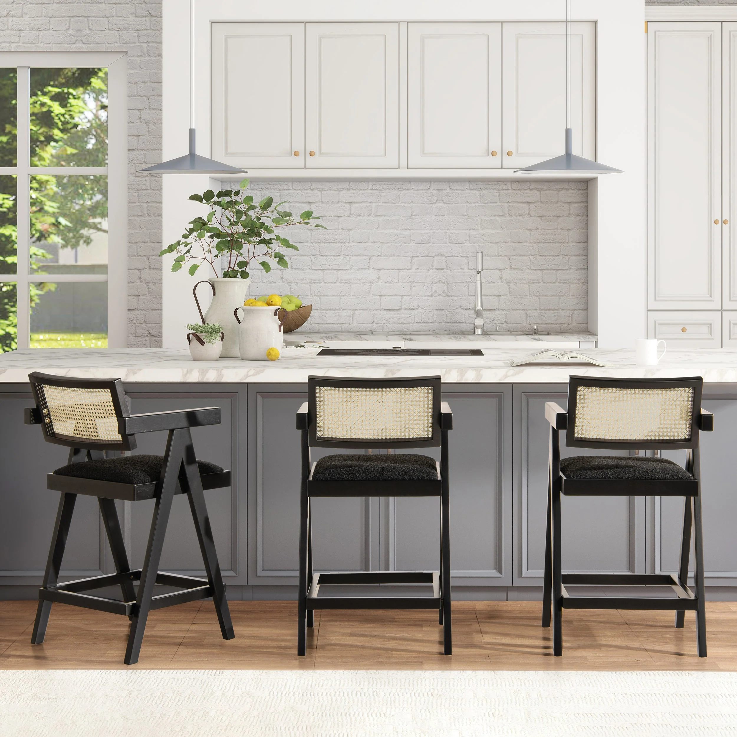 Milan 25.5' Modern Resin Webbing Back Boucle Bar Stool with Arms, Set of 3