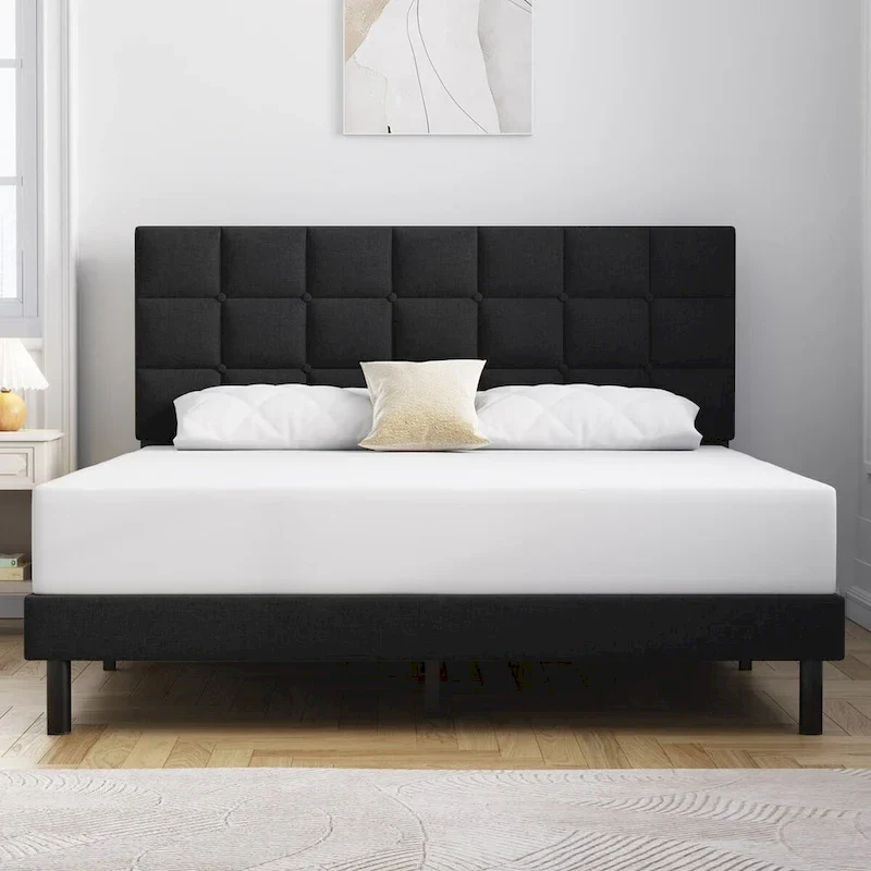 Bed Frame with Upholstered Headboard, Gray Metal Frame Wooden Slats Support.