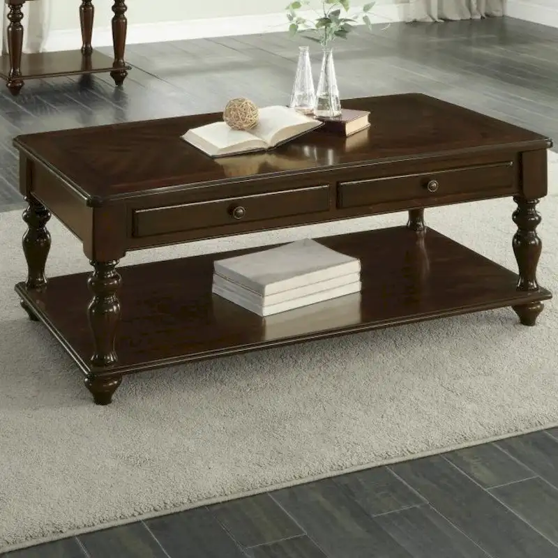 2 Drawer Wooden Cocktail Table With Bottom Shelf, Dark Espresso Brown