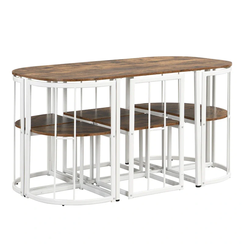 Modern 7-Piece Metal Frame Dining Table Set with Half-Round Table & 6 Chairs