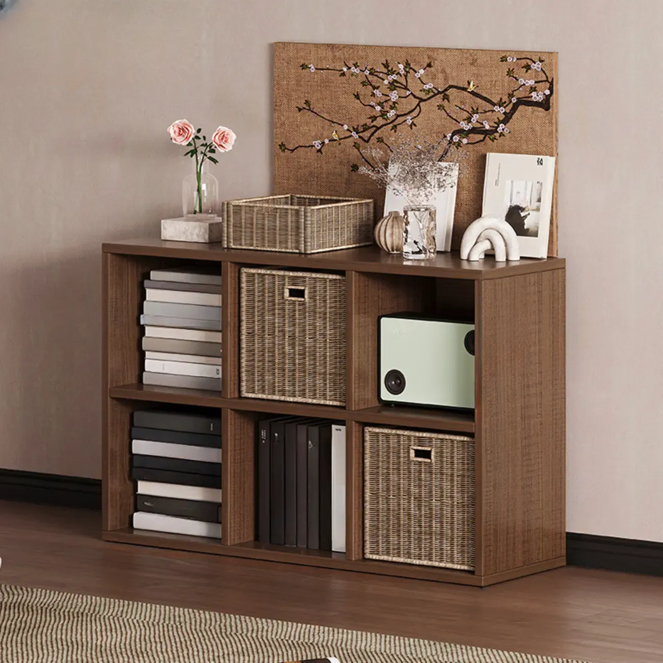 Simple Walnut 8-Cube Wood Bookcase