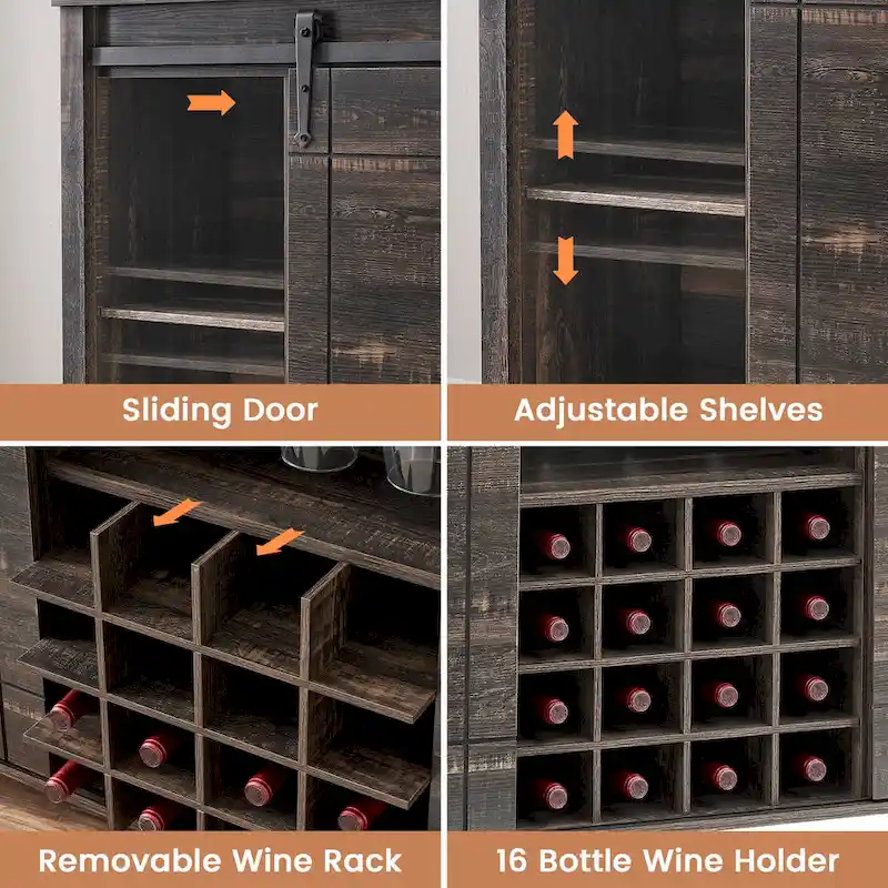 Farmhouse 47 Wine Bar Cabinet Buffet Sideboard Cabinet with 16 Bottle Wine Rack - 15.7D x 47.2W x 34.61H