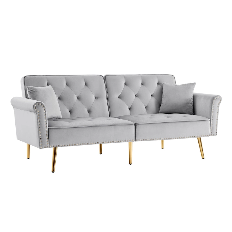 Velvet Tufted Sofa Couch with 2 Pillows and Nailhead Trim