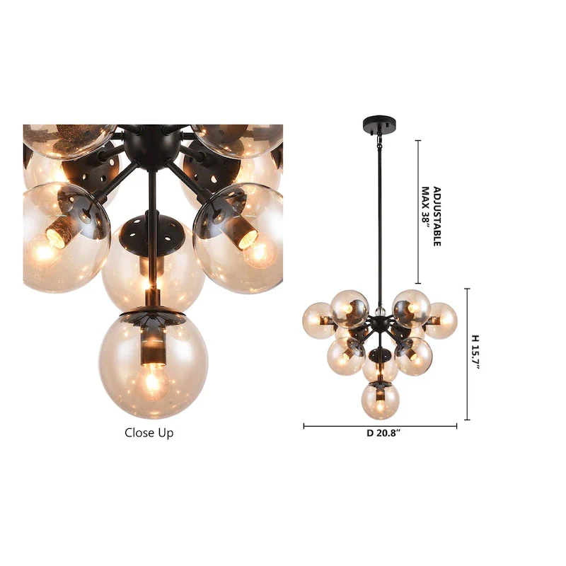 10 Light Black Steel Pendant Lighting with Glass Shades