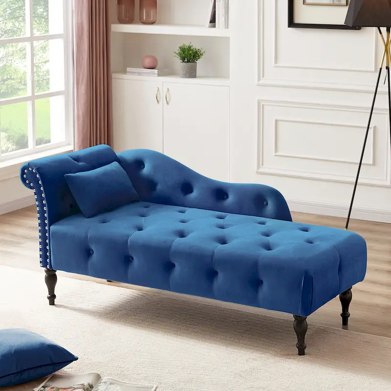 Modern 60.6 Velvet Upholstered Buttons Tufted Chaise Lounge Chair with Solid Wood Legs and Nailheads