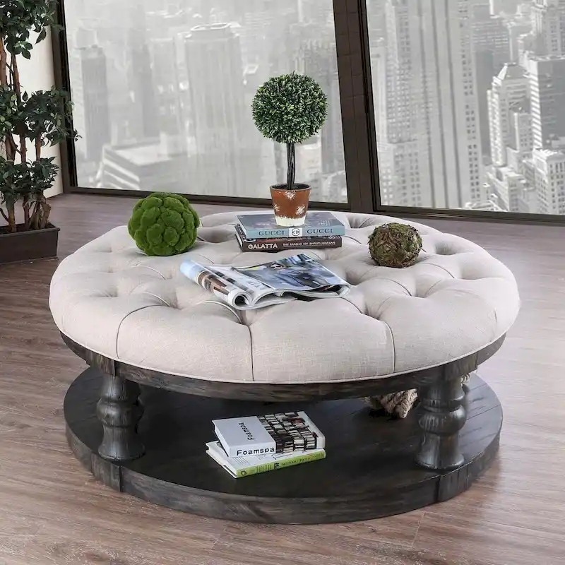 Bae Rustic 48-inch Fabric Tufted 1-Shelf Round Coffee Table by Furniture of America