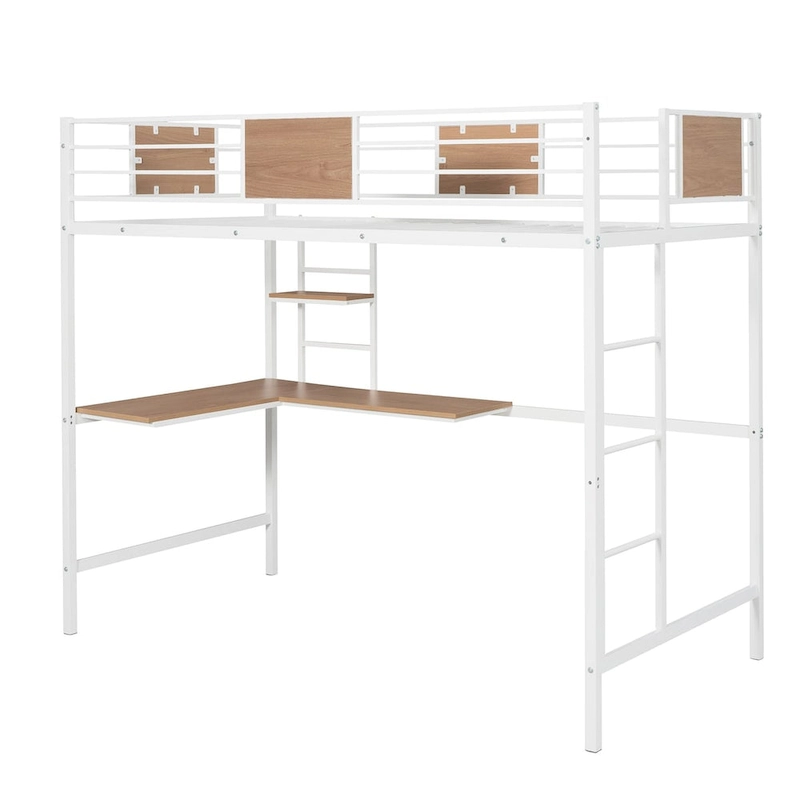 Metal Loft Bed with Desk & Shelves
